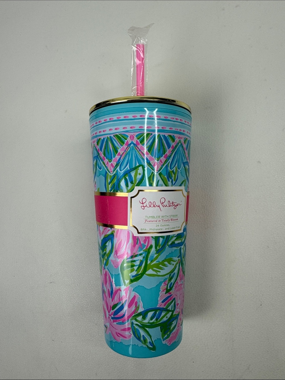 Lilly Pulitzer Pink blue Floral Tumbler Cup Pink Straw Totally Blossom NEW 240oz